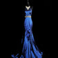 Blau Wunderschöne Elegante Mode Exquisite Edelstein Perlen Lange Meerjungfrau Schlank Satin Ballkleid Abendkleid Ballkleid nv3872