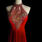 Red Gorgeous Vintage Exquisite Gem Beaded Halter Long Mermaid Slim Floor Length Satin Ball Gown Evening Gown Party Dress nv3946