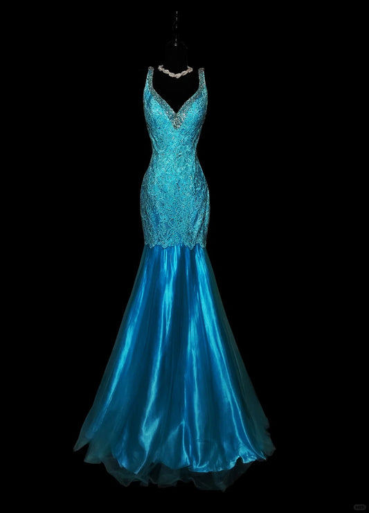 Blau Glänzend Mode Elegant V-Ausschnitt Blumen Lange Meerjungfrau Schlank Fischschwanzrock Satin Bodenlang Schleppe Ballkleid Abendkleid Partykleid Ballkleid nv3862