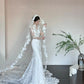 White gorgeous elegant exquisite lace long tulle mermaid fishtail floor-length tail ball gown evening dress wedding dress nv4054
