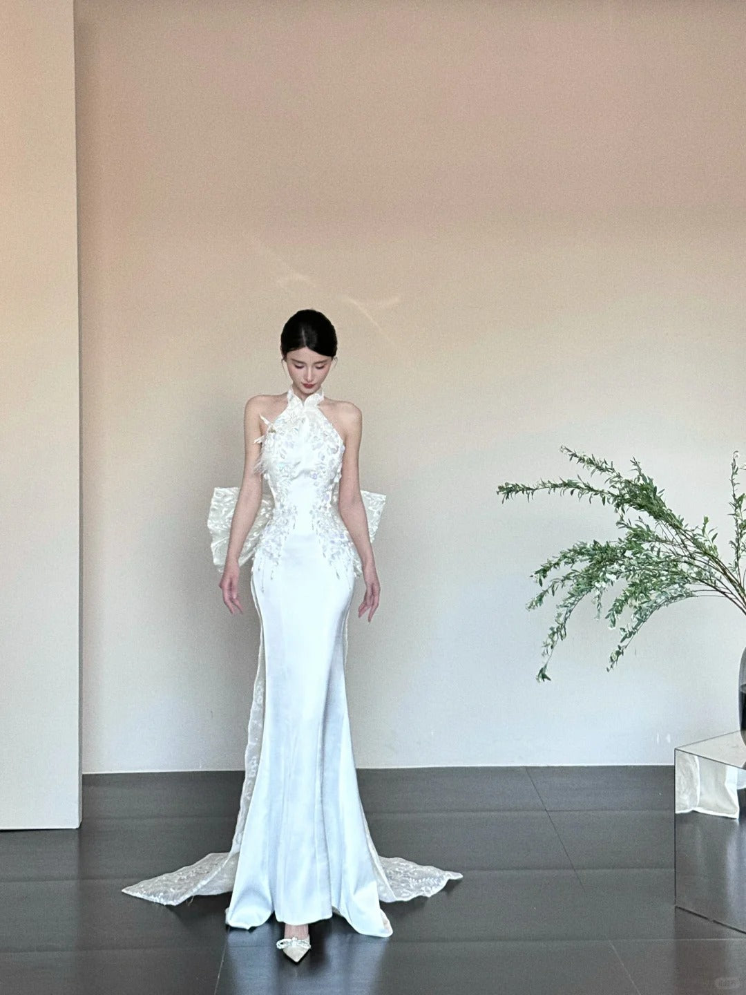 White Fashionable Gorgeous Elegant Exquisite Lace Long Mermaid Floor-length Tail Ball Dress Evening Dress Wedding Dress nv4056