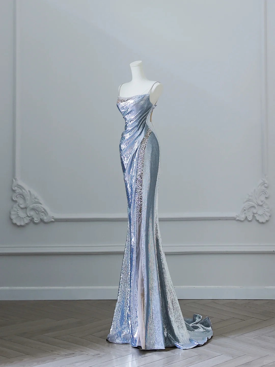 Robe de soirée longue en satin argenté, magnifique et brillante, style sirène, élégante, robe de bal, robe de remise de diplôme, nv4337