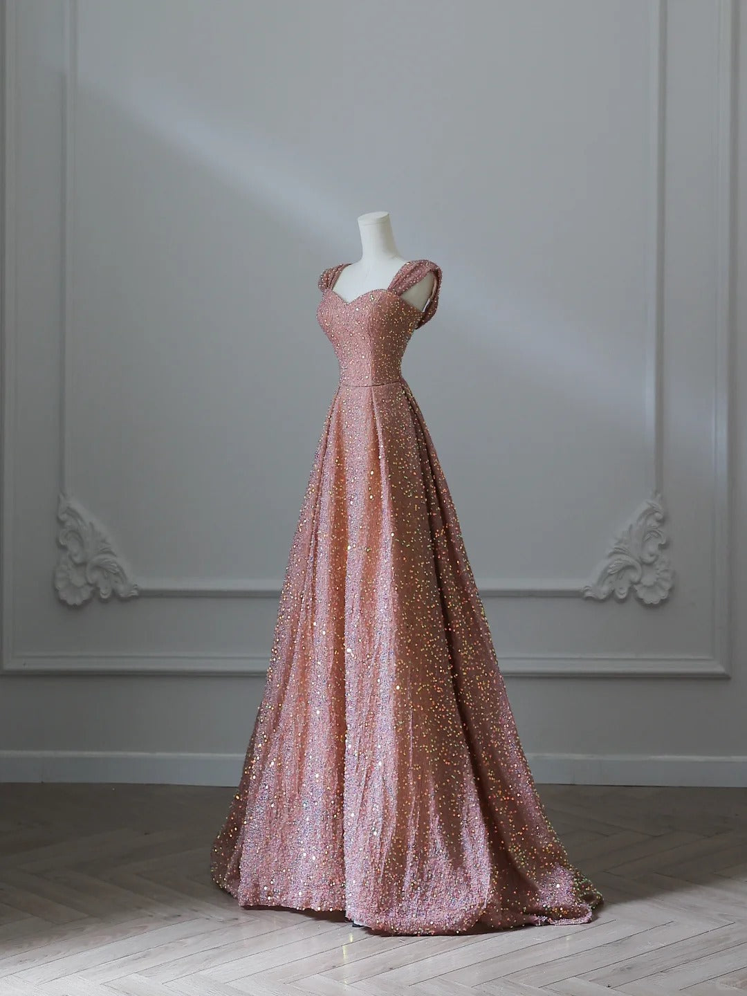 Pink Gold Shiny Sequins Elegant Long Satin Ball Gown Evening Dress nv4340