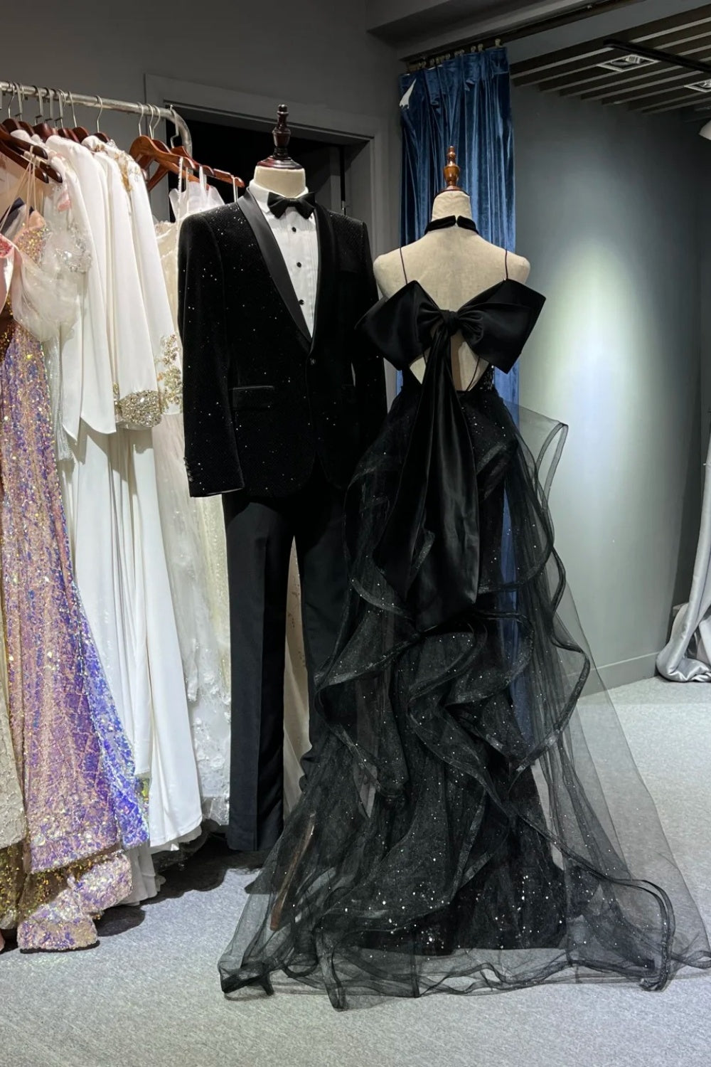 Black shiny long tulle ball dress NV6627