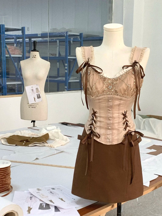 Brown Sweet Floral Beaded Short Satin Chiffon Homecoming Dress Prom Dress Birthday Dress nv4521