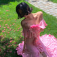 Pink Gradient Ruffled Gown: V-neck Off-the-shoulder, Fitted Mermaid, French Romantic Style NV6401