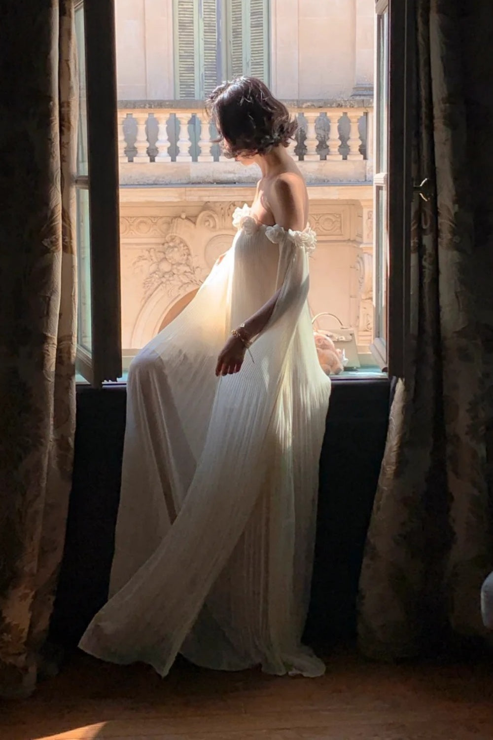 French 3D Flower Off-the-shoulder Gown: Pleated Chiffon, Backless Sash, Fairy Hot Spring Resort Dress NV6402