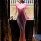 Pink Gradient Ruffled Gown: V-neck Off-the-shoulder, Fitted Mermaid, French Romantic Style NV6401