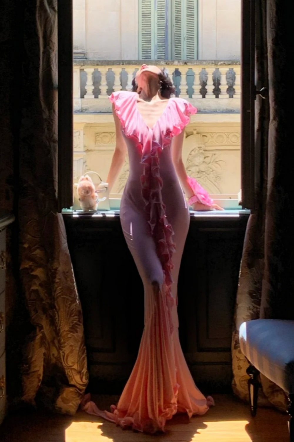 Pink Gradient Ruffled Gown: V-neck Off-the-shoulder, Fitted Mermaid, French Romantic Style NV6401