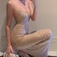 Champagne Gold Rhinestone Camisole Mermaid Dress: Deep Backless, Fitted Bodycon, Banquet Centerpiece Gown NV6414