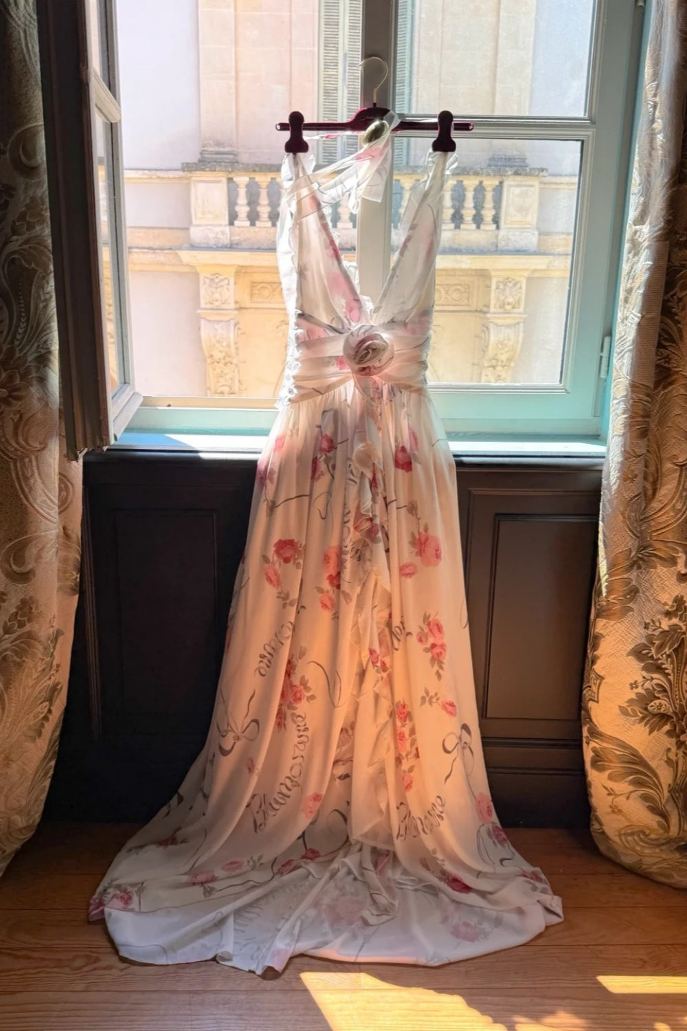 French Garden Rose Print Halter Gown: Backless Maxi, Resort Fairy Dress NV6403