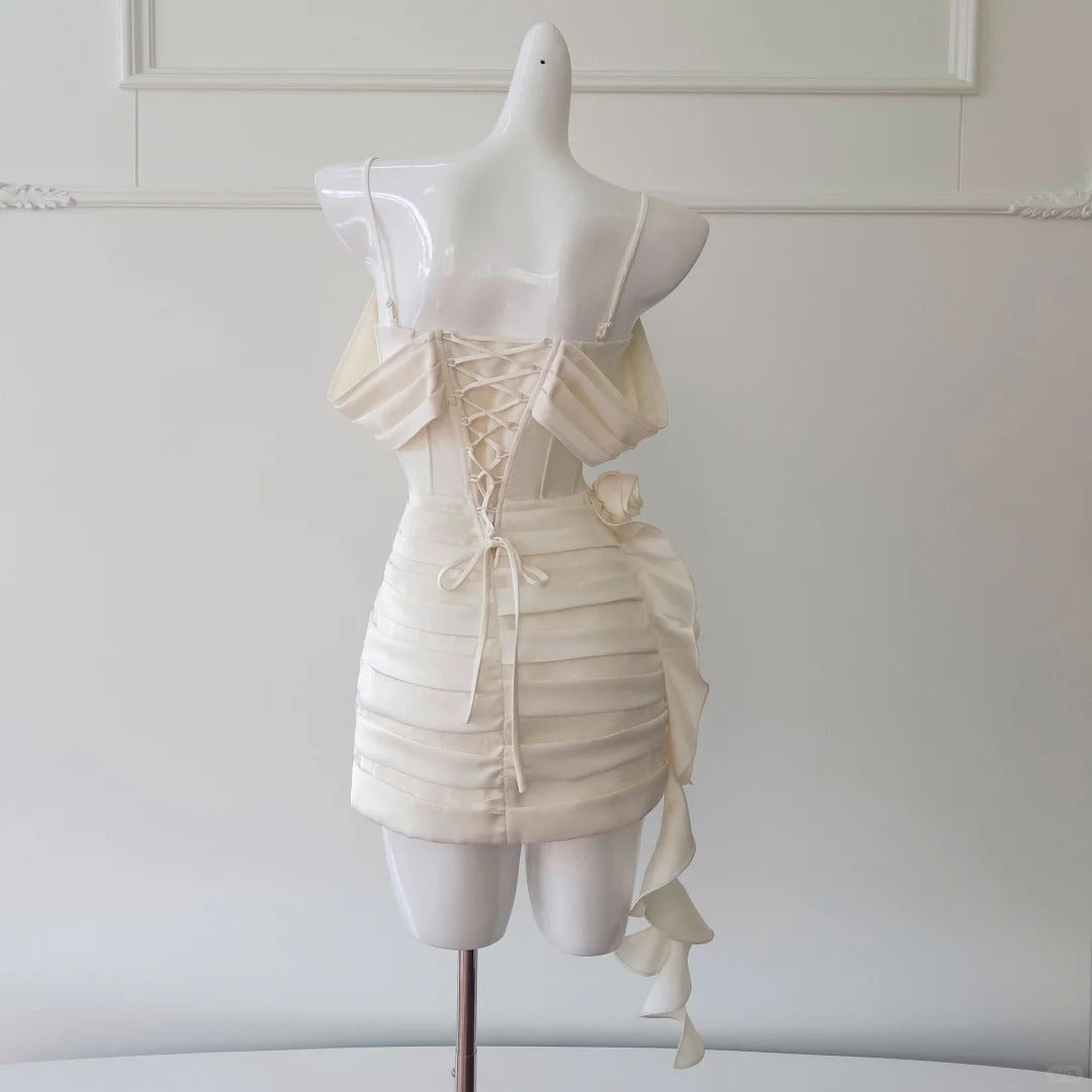 Elfenbeinweißes kurzes Satin-Heimkehrkleid, Ballkleid, Geburtstagspartykleid, nv4668