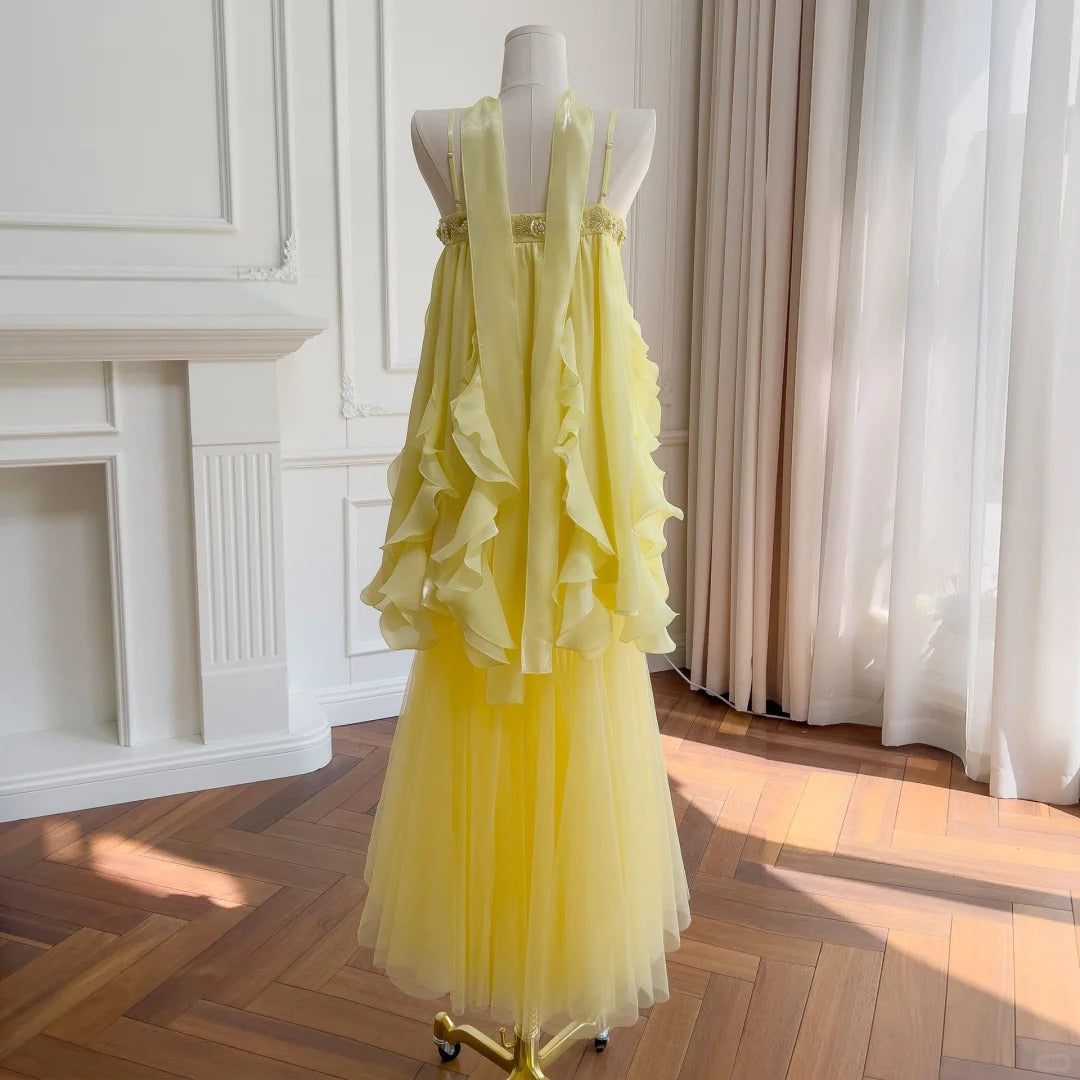 Yellow long/short chiffon tulle homecoming dress prom dress birthday party dress two piece suit nv4670