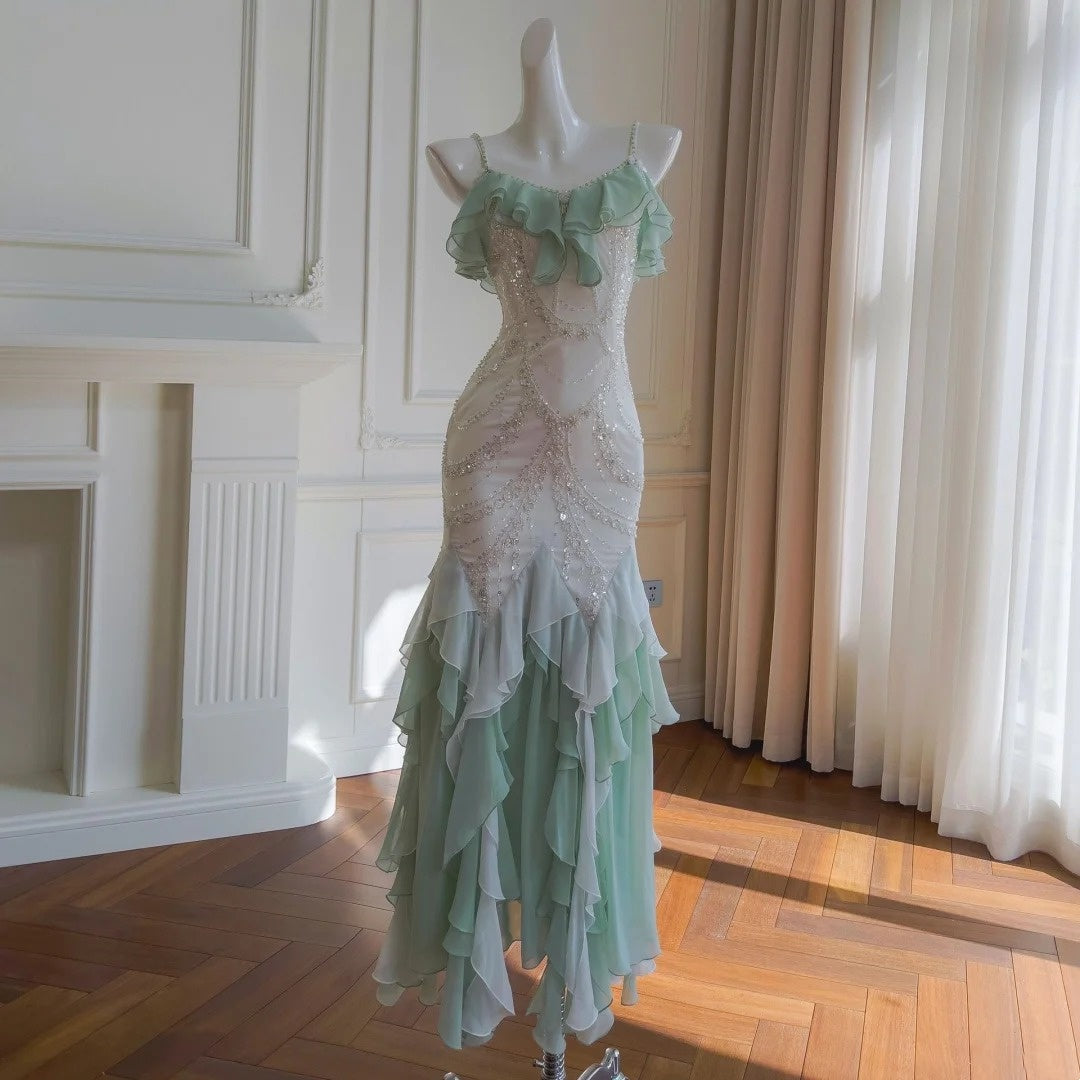 Green Beaded Long Chiffon Prom Dress Evening Gown Party Gown Graduation Gown nv4675