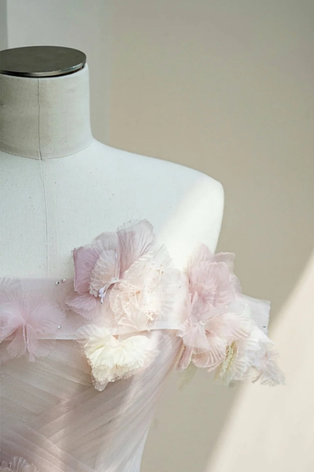 NiceVestidos--Floral Fairy Style：Pink - White 3D Floral Studded Tulle Off - Shoulder Floor - Length Wedding Dress NV5815