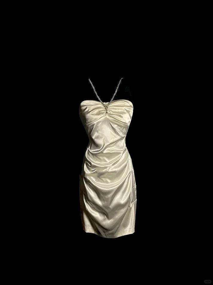 White Shiny Fashion Suspender Short Satin Homecoming Dress Birthday Party Dress nv4288