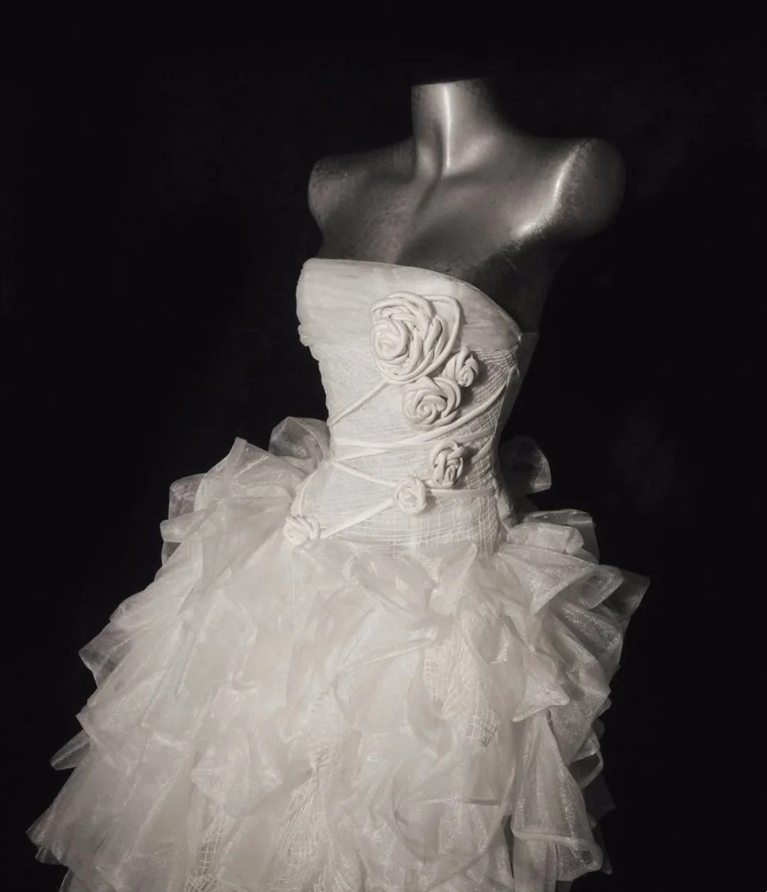 White Organza 3D Rose Gown | Strapless Asymmetrical Train Fairy Luxury Couture Evening Wedding Photo Dress NV6324