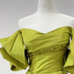 Retro Hepburn Style Olive Green Satin Off-Shoulder Puff-Sleeve Train Ballgown - Elegant Dress for Dinner & Wedding Guest  NV6360