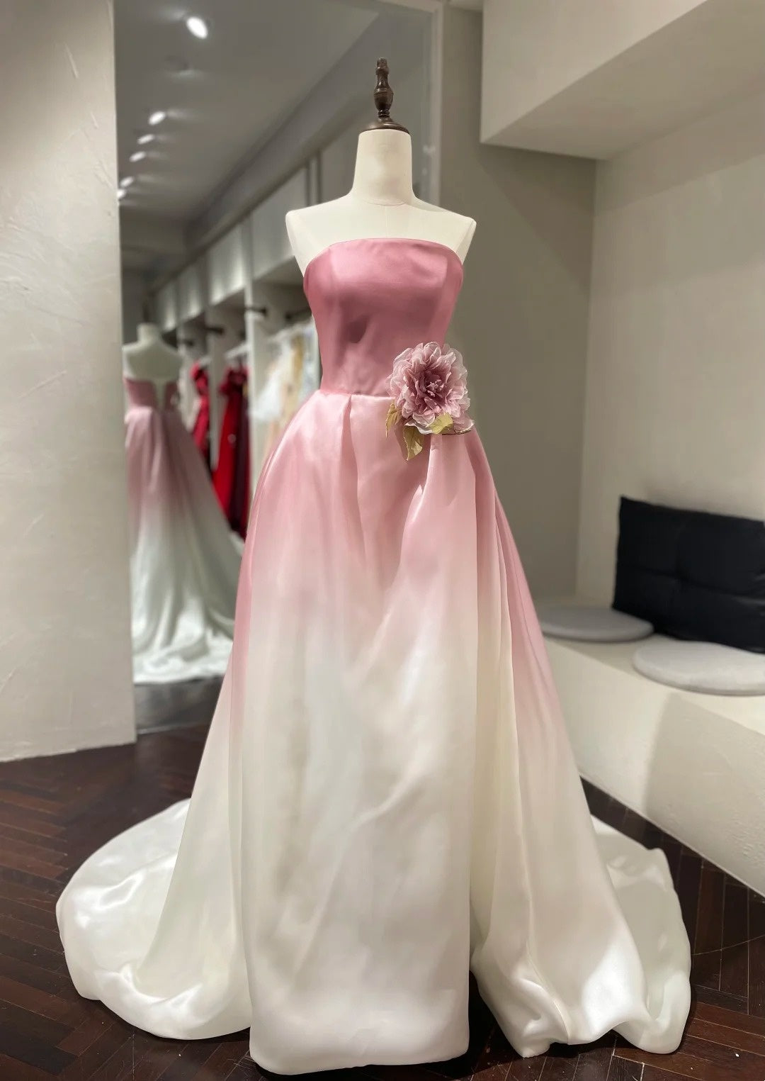 Romantic Luxury Style Pink-White Gradient Satin Strapless Train Ballgown - Elegant Dress for Engagement & Garden Wedding NV6359