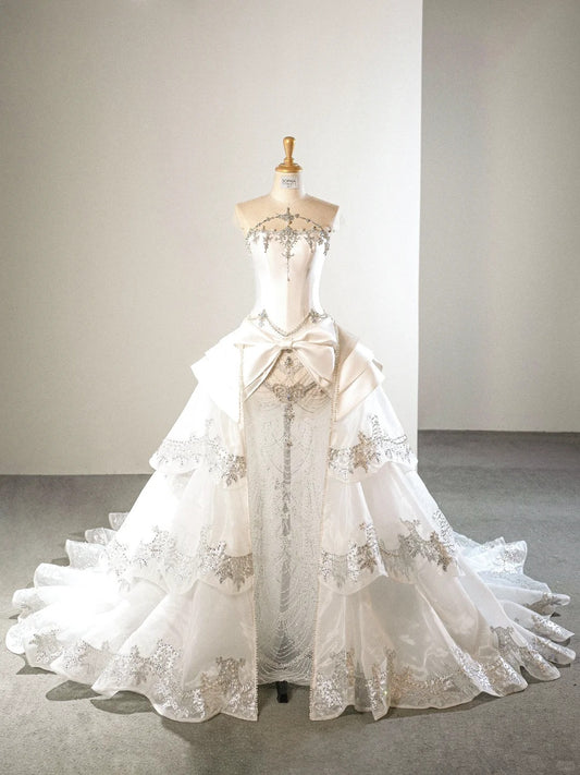 Robe de mariée longue en satin blanc, luxueuse et exquise, perlée, longueur au sol, robe de bal princesse, robe de soirée, nv4125