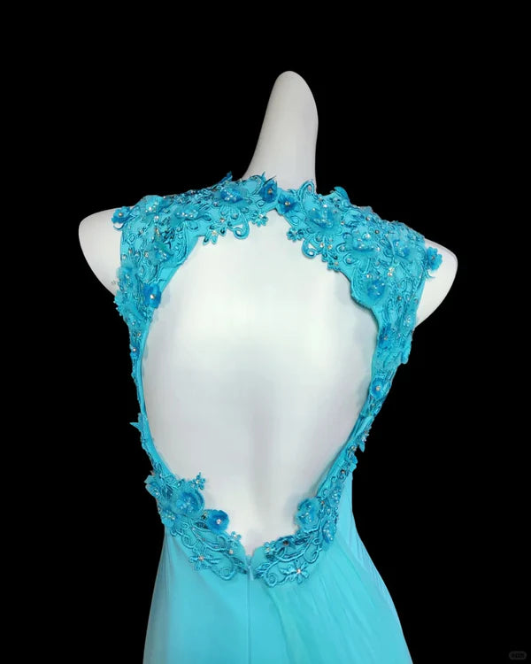 Blaues rückenfreies langes Chiffon-Ballkleid mit Perlenbesatz, Abendkleid, Abschlusskleid, nv4400