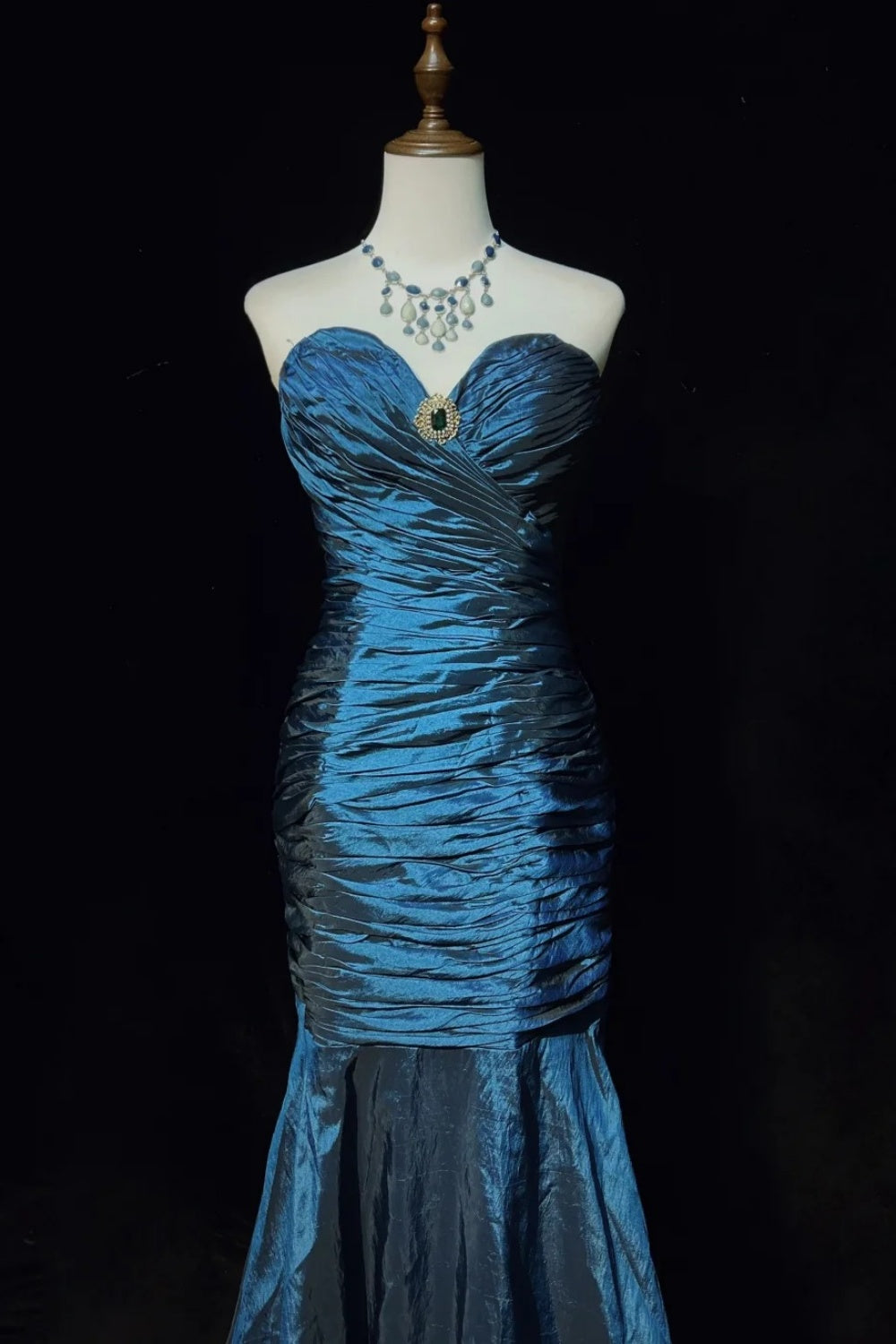 Blue Strapless Ruched Mermaid Gown with Satin Sheen & Jewel Brooch NV6871