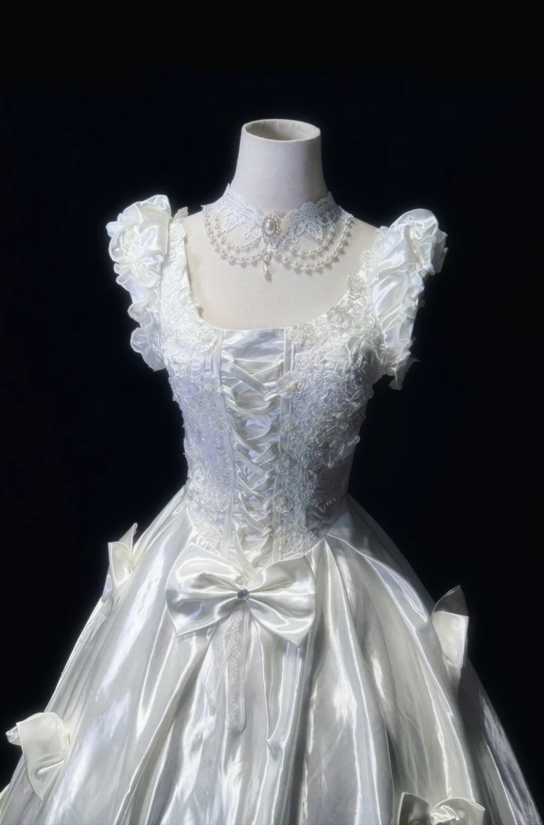 Elfenbeinweißes Vintage-Elegantes langes Satin-Spitzen-Ballkleid, Abendkleid, Partykleid, Hochzeitskleid, Prinzessin, nv4120