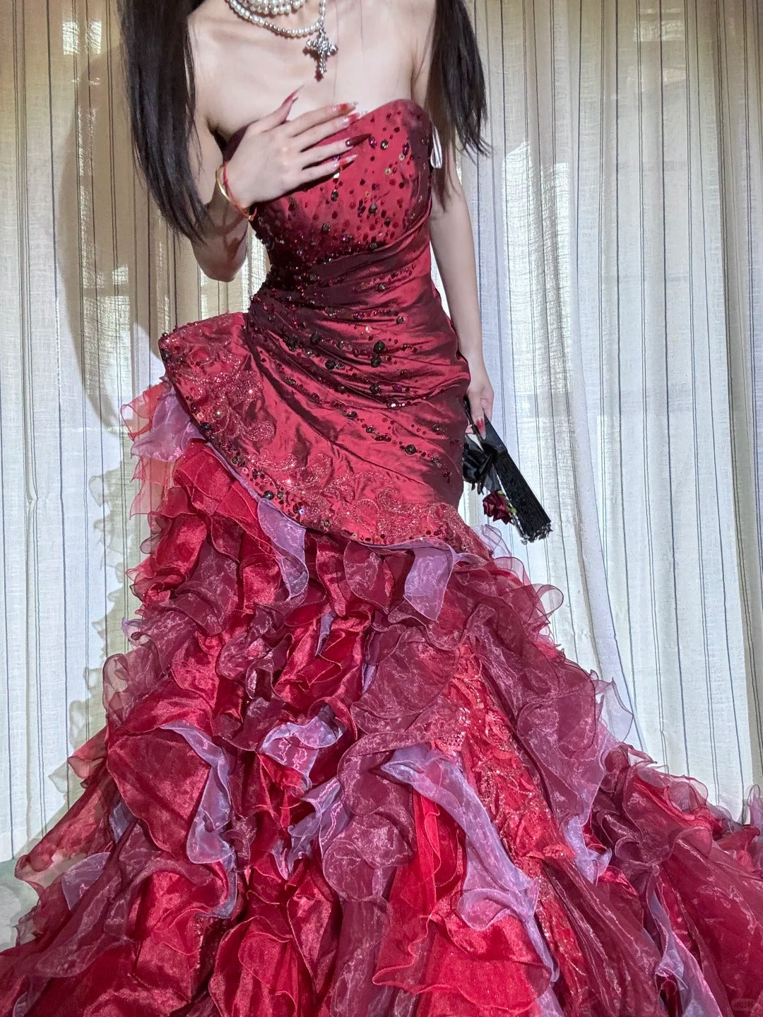 Red luxurious and gorgeous long chiffon ball dress princess dress NV6727