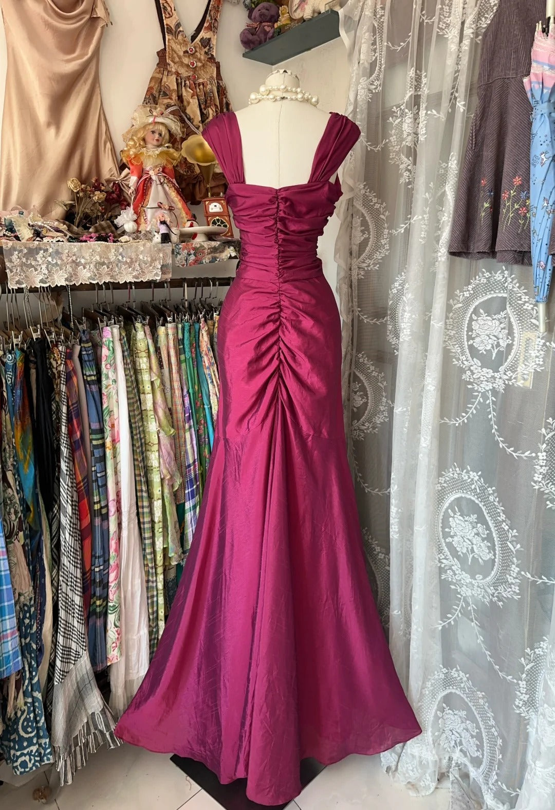 Pink Vintage Fashion Elegant Long Satin Mermaid Slim Floor Length Ball Gown Evening Dress Party Dress nv4202