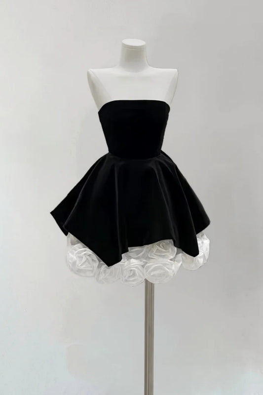 Black velvet white floral short homecoming dress birthday party dress nv5276