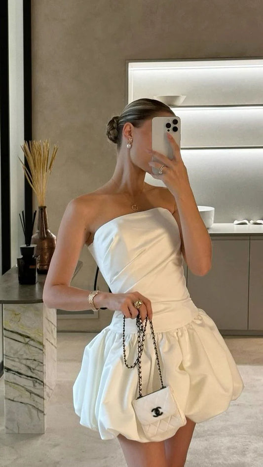 Weißes schulterfreies Homecoming-Kleid, Mini-Ballkleid, Partykleid, nv2151