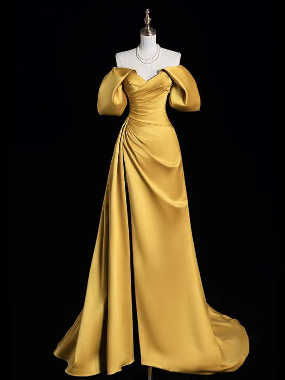 Robe de soirée longue en satin jaune à épaules dénudées et coupe A nv2194