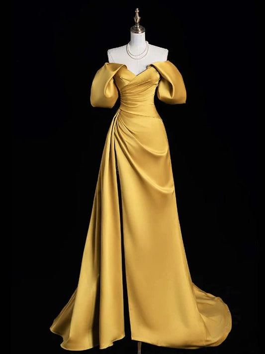 Robe de soirée longue en satin jaune à épaules dénudées et coupe A nv2194