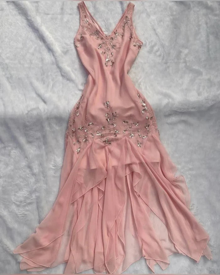 Pink V Neck Chiffon Long Party Dress Evening Dress nv5375