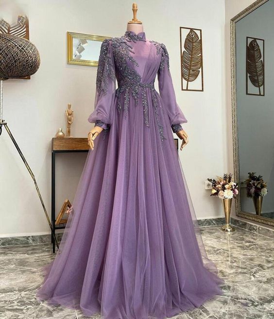Lila A-Linie, schlichtes und elegantes Tüll-Abendkleid mit schmaler Passform und langen Ärmeln, Ballkleid, NV2066