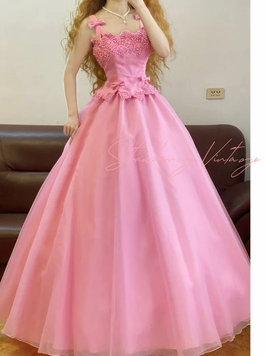 Rosa Perlen Vintage Elegantes Langes Prinzessin Satin Ballkleid nv5029