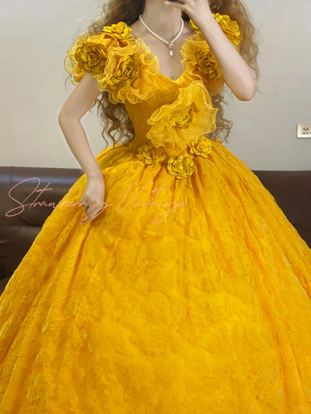 Yellow Floral Elegant Long Tulle Ball Gown nv5023