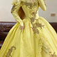Yellow floral applique long vintage tulle ball gown nv4999