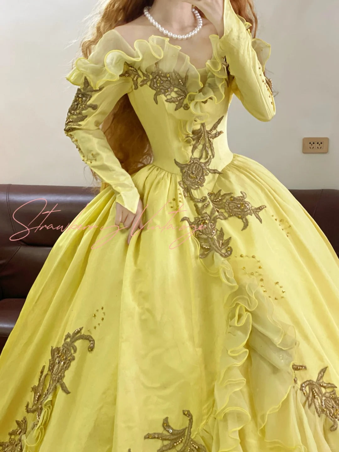 Yellow floral applique long vintage tulle ball gown nv4999