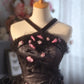 Black pink beaded floral long tulle vintage ball gown nv5038