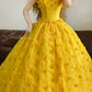 Gelbes Vintage Elegantes Blumen Perlen Langes Tüll Prinzessin Ballkleid nv5009