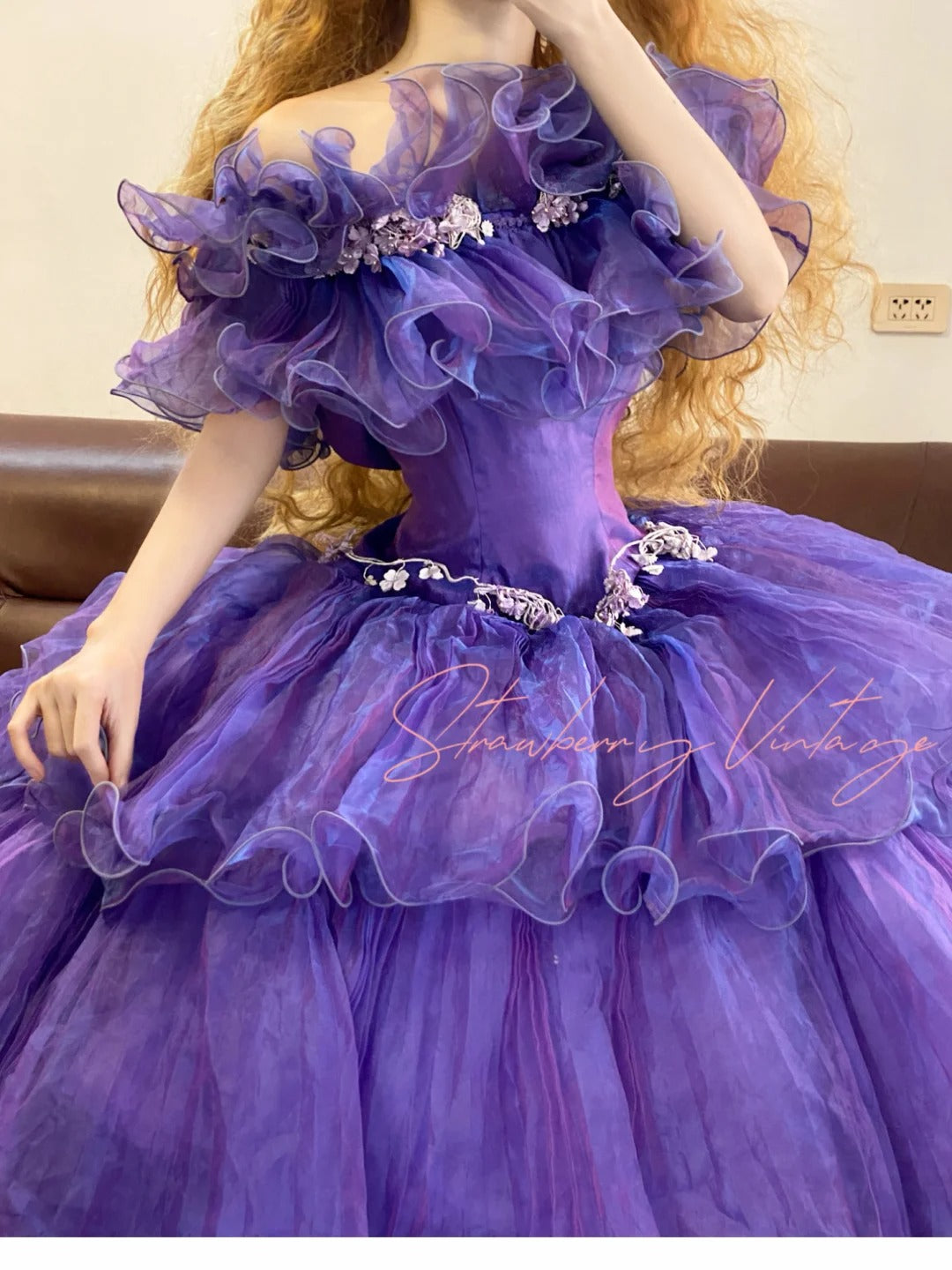 Purple applique vintage elegant long princess tulle ball gown nv5030