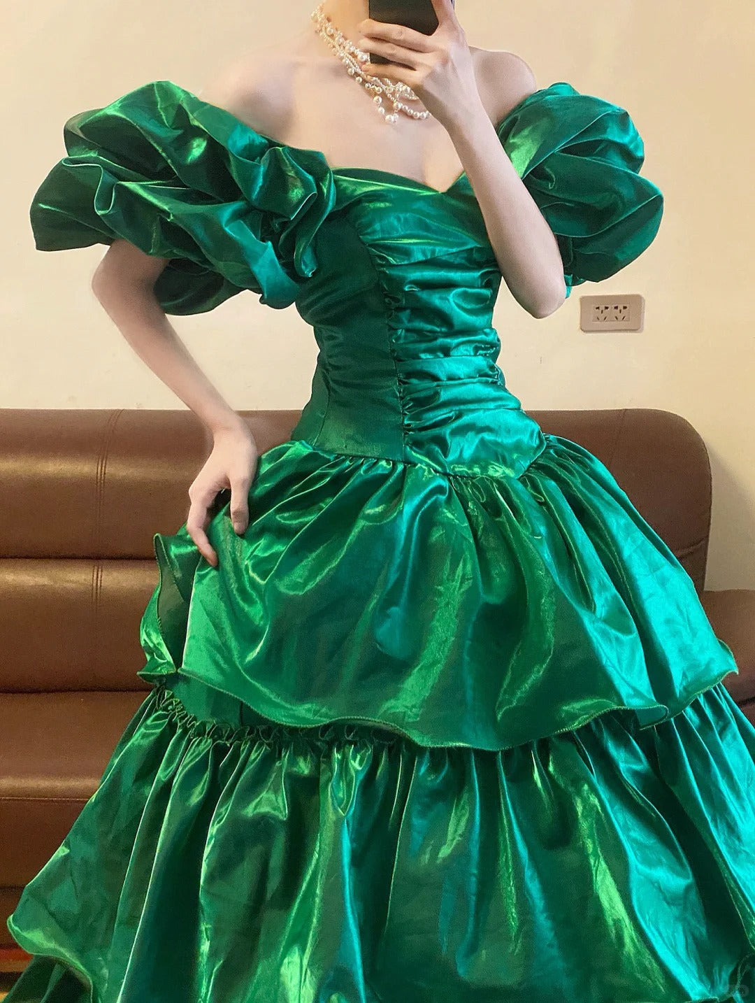 Sapphire Green Long Satin Ruffle Retro Fashion Long Satin Princess Ball Gown nv5047