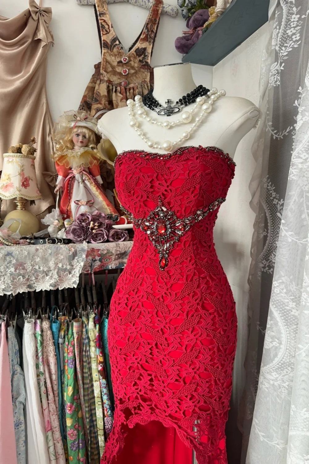 Beautiful Red Vintage Long Lace Evening Dress/Party Gown NV6859