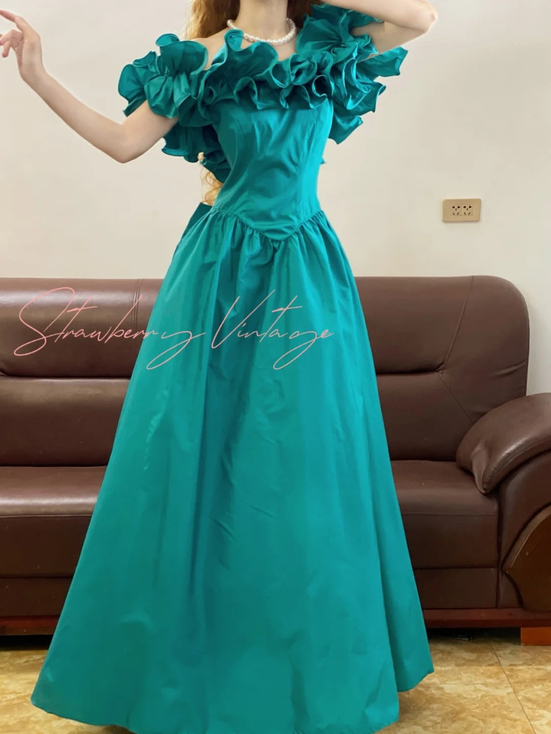 Robe de soirée longue en satin bleu sarcelle, élégante et vintage, style princesse, tenue de soirée, nv5002