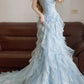 Blue beaded lace long tulle princess ball gown evening dress nv5044