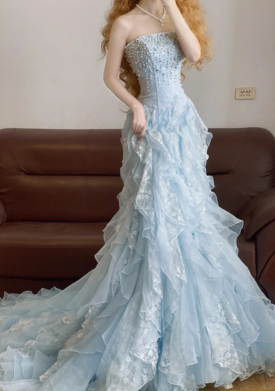 Blue beaded lace long tulle princess ball gown evening dress nv5044