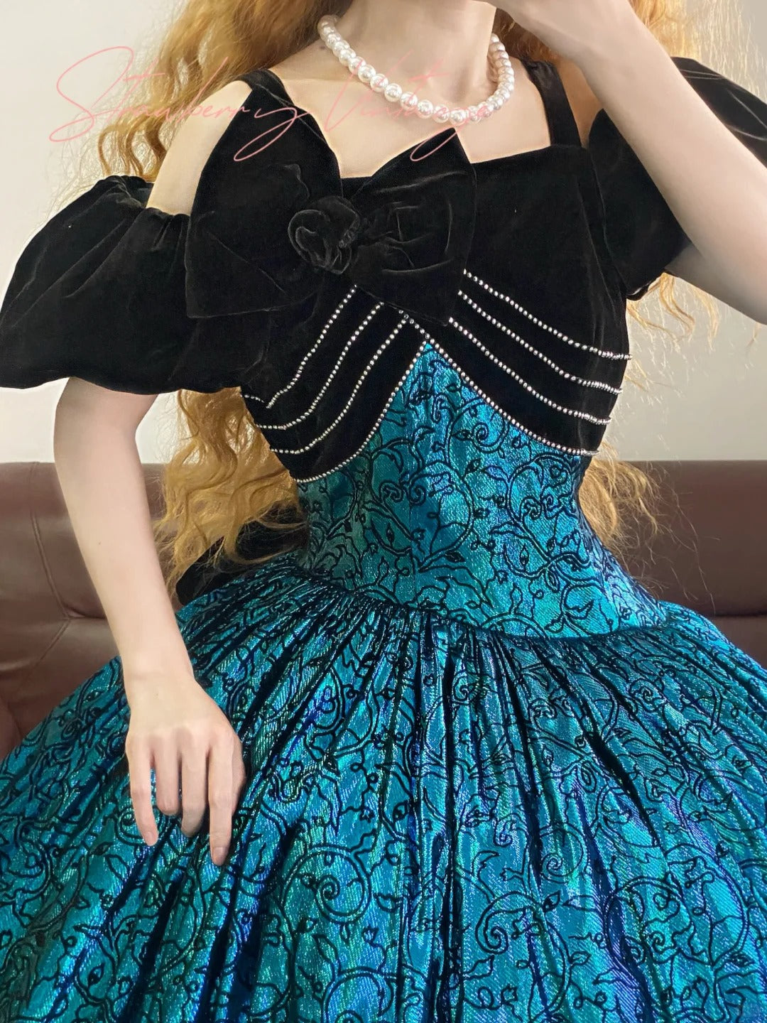 Blue floral vintage elegant floral long satin ball gown nv5016