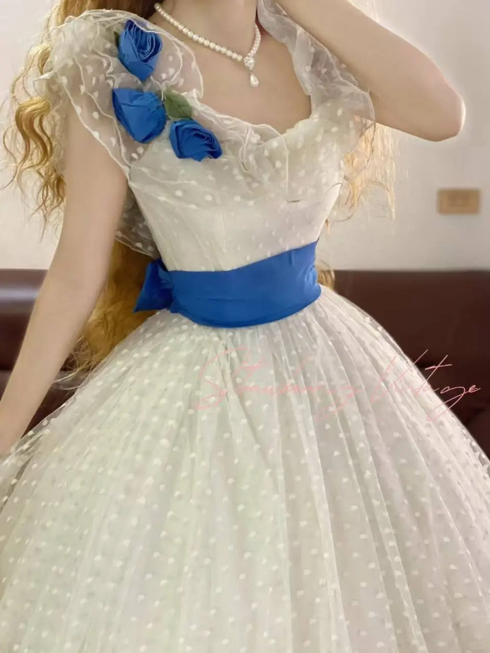 White blue floral vintage elegant long tulle ball gown evening dress nv5017