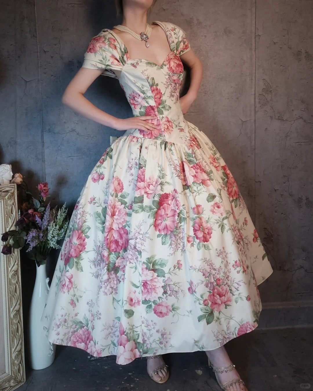 Charming pink vintage floral long satin prom dress nv5435
